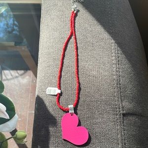 Valentine's Day beaded necklace !! Red beads hot pink heart . Adjustable 16"-18"